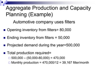 Aggregate Production and Capacity
Planning (Example)
Automotive company uses filters
 Opening inventory from filters= 80,000
 Ending inventory from filters = 50,000
 Projected demand during the year=500,000
 Total production required=
 500,000 – (50,000-80,000) = 470,000
 Monthly production = 470,000/12 = 39,167 filter/month
 