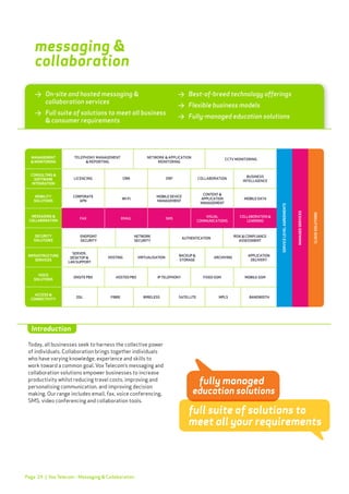 Page 24
>	 On-site and hosted messaging & 			
	 collaboration services
>	 Full suite of solutions to meet all business 	
	 & consumer requirements
>	 Best-of-breed technology offerings
>	 Flexible business models
>	 Fully-managed education solutions
messaging &
collaboration
Today, all businesses seek to harness the collective power
of individuals. Collaboration brings together individuals
who have varying knowledge, experience and skills to
work toward a common goal. Vox Telecom’s messaging and
collaboration solutions empower businesses to increase
productivity whilst reducing travel costs, improving and
personalising communication, and improving decision
making. Our range includes email, fax, voice conferencing,
SMS, video conferencing and collaboration tools.
Introduction
fully managed
education solutions
full suite of solutions to
meet all your requirements
| Vox Telecom - Messaging & Collaboration
 