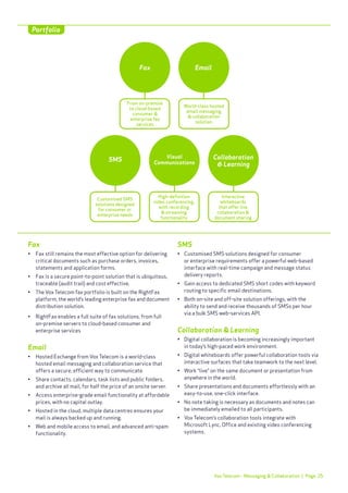 Page 25
Fax
•	 Fax still remains the most effective option for delivering 	
	 critical documents such as purchase orders, invoices, 	
	 statements and application forms.
•	 Fax is a secure point-to-point solution that is ubiquitous, 	
	 traceable (audit trail) and cost effective.
•	 The Vox Telecom fax portfolio is built on the RightFax 	
	 platform, the world’s leading enterprise fax and document 	
	 distribution solution.
•	 RightFax enables a full suite of fax solutions, from full
	 on-premise servers to cloud-based consumer and
	 enterprise services
Email
•	 Hosted Exchange from Vox Telecom is a world-class 	
	 hosted email messaging and collaboration service that 	
	 offers a secure, efficient way to communicate.
•	 Share contacts, calendars, task lists and public folders, 	
	 and archive all mail, for half the price of an onsite server.
•	 Access enterprise-grade email functionality at affordable 	
	 prices, with no capital outlay.
•	 Hosted in the cloud, multiple data centres ensures your 	
	 mail is always backed up and running.
•	 Web and mobile access to email, and advanced anti-spam 	
	 functionality.
SMS
•	 Customised SMS solutions designed for consumer 		
	 or enterprise requirements offer a powerful web-based 	
	 interface with real-time campaign and message status 	
	 delivery reports.
•	 Gain access to dedicated SMS short codes with keyword 	
	 routing to specific email destinations.
•	 Both on-site and off-site solution offerings, with the 	
	 ability to send and receive thousands of SMSs per hour 	
	 via a bulk SMS web-services API.
Collaboration & Learning
•	 Digital collaboration is becoming increasingly important 	
	 in today’s high-paced work environment.
•	 Digital whiteboards offer powerful collaboration tools via 	
	 interactive surfaces that take teamwork to the next level.
•	 Work “live” on the same document or presentation from 	
	 anywhere in the world.
•	 Share presentations and documents effortlessly with an 	
	 easy-to-use, one-click interface.
•	 No note taking is necessary as documents and notes can 	
	 be immediately emailed to all participants.
•	 Vox Telecom’s collaboration tools integrate with 		
	 Microsoft Lync, Office and existing video conferencing 	
	 systems.
High-definition
video conferencing,
with recording
& streaming
functionality
Visual
Communications
Customised SMS
solutions designed
for consumer or
enterprise needs
SMS
Interactive
whiteboards
that offer live
collaboration &
document sharing
Collaboration
& Learning
World-class hosted
email messaging
& collaboration
solution
Email
From on-premise
to cloud-based
consumer &
enterprise fax
services
Fax
Portfolio
Vox Telecom - Messaging & Collaboration |
 