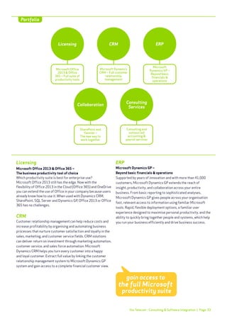 Page 33
Portfolio
SharePoint and
Yammer –
The new way to
work together
Collaboration
Consulting and
outsourced
accounting &
payroll services
Consulting
Services
Microsoft
Dynamics GP –
Beyond basic
financials &
operations
ERP
Microsoft Dynamics
CRM – Full customer
relationship
management
CRM
Microsoft Office
2013 & Office
365 – Full suite of
productivity tools
Licensing
Licensing
Microsoft Office 2013 & Office 365 –
The business productivity tool of choice
Which productivity suite is best for enterprise use?
Microsoft Office 2013 still has the edge. Now with the
flexibility of Office 2013 in the Cloud (Office 365) and OneDrive
you can extend the use of Office in your company because users
already know how to use it. When used with Dynamics CRM,
SharePoint, SQL Server and Dynamics GP, Office 2013 or Office
365 has no challenges.
CRM
Customer relationship management can help reduce costs and
increase profitability by organising and automating business
processes that nurture customer satisfaction and loyalty in the
sales, marketing, and customer service fields. CRM solutions
can deliver return on investment through marketing automation,
customer service, and sales force automation. Microsoft
Dynamics CRM helps you turn every customer into a happy
and loyal customer. Extract full value by linking the customer
relationship management system to Microsoft Dynamics GP
system and gain access to a complete financial customer view.
ERP
Microsoft Dynamics GP –
Beyond basic financials & operations
Supported by years of innovation and with more than 41,000
customers, Microsoft Dynamics GP extends the reach of
insight, productivity, and collaboration across your entire
business. From basic reporting to sophisticated analyses,
Microsoft Dynamics GP gives people across your organisation
fast, relevant access to information using familiar Microsoft
tools. Rapid, flexible deployment options, a familiar user
experience designed to maximise personal productivity, and the
ability to quickly bring together people and systems, which help
you run your business efficiently and drive business success.
gain access to
productivity suite
the full Microsoft
Vox Telecom - Consulting & Software Integration |
 