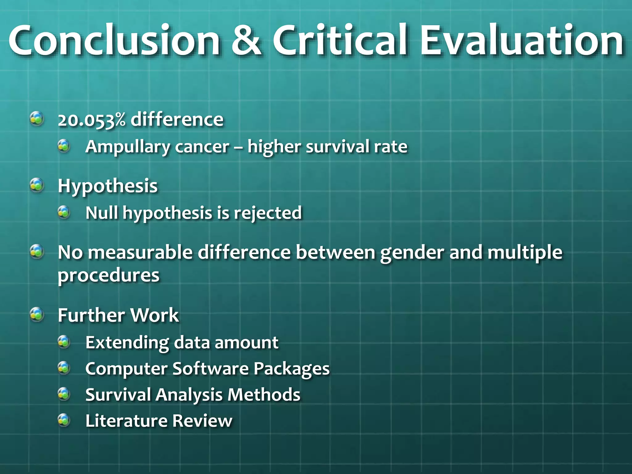 Conclusion & Critical Evaluation
20.053% difference
Ampullary cancer – higher survival rate
Hypothesis
Null hypothesis is rejected
No measurable difference between gender and multiple
procedures
Further Work
Extending data amount
Computer Software Packages
Survival Analysis Methods
Literature Review
 