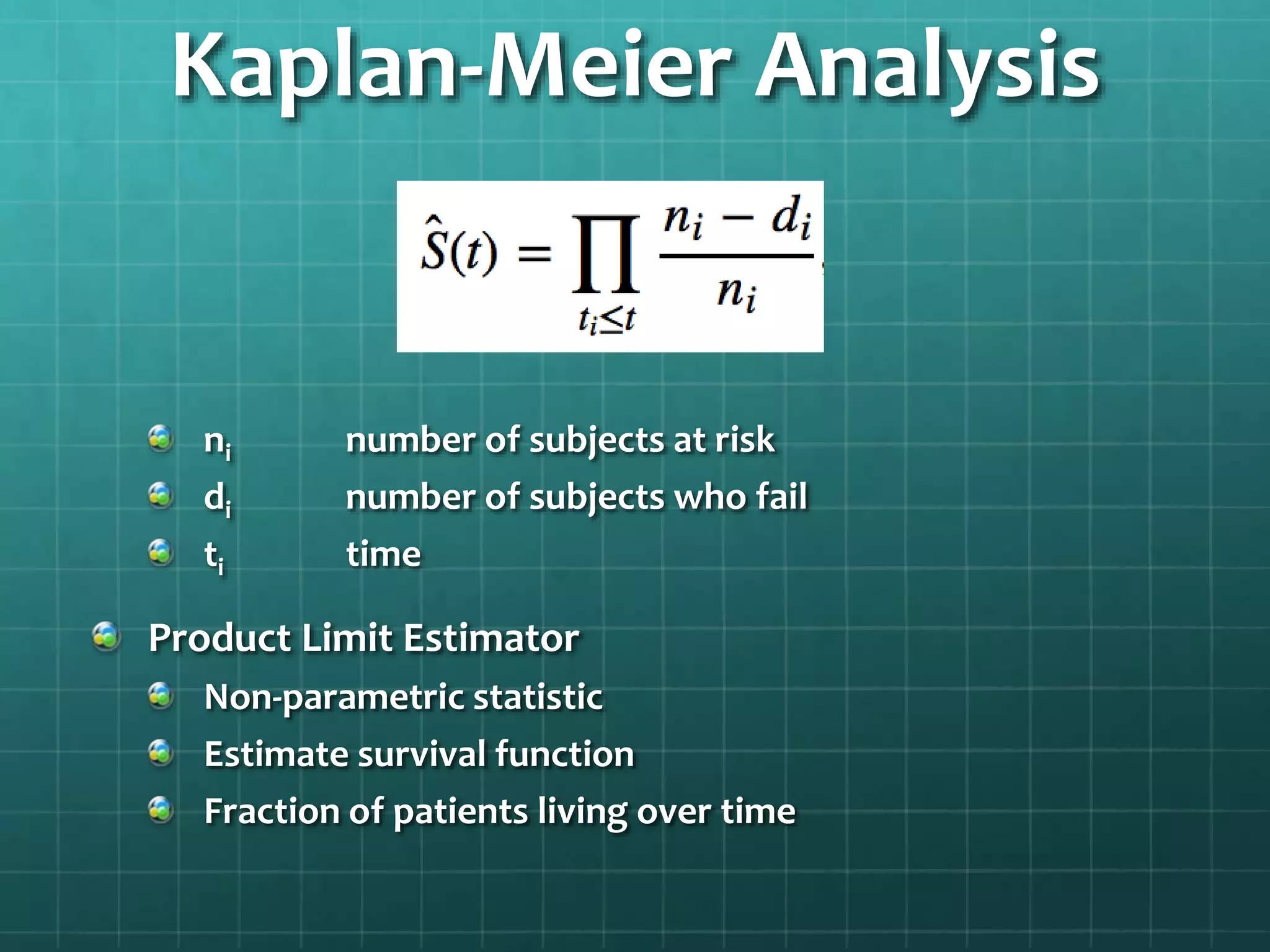 Kaplan-Meier Analysis
ni number of subjects at risk
di number of subjects who fail
ti time
Product Limit Estimator
Non-parametric statistic
Estimate survival function
Fraction of patients living over time
 