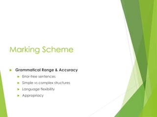 Marking Scheme
 Grammatical Range & Accuracy
 Error-free sentences
 Simple vs complex structures
 Language flexibility
 Appropriacy
 