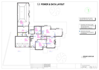 SECURITY
IR
HUB
INTERCOM
PHONE
INFRA-RED SENSOR FOR GARAGE DOORS
D
MOTION SENSOR
MOTION SENSOR
TERMOSTAT
SECURITY AND ALARM
LIGHT CONTROL
ENERGY MANAGEMENT
*
ENVIRONMENTAL MONITORING
GARAGE DOOR CONTROL
EXTERIOR LIGHTING CONTROL
WALLSENSORPANNEL
EATHERNETLAYOUT
Swimming pool
Shower
change
Porch
Boot
Room
TV Room
Dining
Family Room
open fire
Drawing Room
Garage
Porch
switch12
switch for pandant 2
socket for TV
mounting height determined
from the diagonal TV
socket
output for TV cabel
socket
switch 13
socket
switch for LED strip 1
socket
pass switch 6.2 (direction spot)
pass switch 6.1(direction spot)
socket
switchfor
starlights14
double socket
waterproof
doublesocket
waterproof
Glazed Screen
passswitch4.2(spotlight)
passswitch3.2(pandantlighting)
switch for LED strip 5
switch 3.1(pandant lighting)
pass switch 4.1 (spot light)
double waterproof
socket
double socket
for oven and
cooktop
(heat-resistant)
wire output for rangehood
switch for LED line
pass switch 7.2 (large pendant lighting)
pass switch 7.1(large pendant
lighting)
pass switch 8.1 (spot light)
pass switch 8.1 (spot light)
pass switch 9.2 (spot light)
pass switch 10.2 (direction spot)
pass switch 11.2 (pendan lighing)
pass switch 9.1 (spot light)
pass switch 10.1 (direction spot)
pass switch 11.1(pendan lighing)
double socket
double socket
double socket
doublesocket
double socket
WC
double socket
h = 900mm
h = 900mm
*height to specified
****
h = 900mm
h = 300mm
h = 300mm
h = 300mm
h = 1700mm
h = 900mm
h = 1000mm
h = 900mm
h=900mm
h=300mm
h=300mm
h = 900mm
h = 900mm
h = 300mmh = 900mm
h = 300mm
h = 300mm
h = 900mm
h = 900mm
h=900mm
switch19(spotlight)
socket
switch16
(spotlight)
socket
switch12
(spotlight)
double socket
switch21
(spotlight)
switch15
(spotlight)
switch10.1(spotlight)
switch11.1(directionspot)
switch12.1(pendantlight)
switch 10.2 (spot light)
switch 11.2 (direction spot)
switch 12.2 (pendant light)
h = 900mm
h = 300mm
h=900mm
h=900mm
h=900mm
h=900mm
h=900mm
TVM intIR
intercom
phone
MOTION SENSOR
TERMOSTAT
SECURITY AND ALARM
HVAC CONTROL
LIGHT CONTROL
ENERGY MANAGEMENT
TV/VIDEO CONTROL
*
ENVIRONMENTAL MANITORING
TERRACE LIGHT CONTROL
EATHERNET LAYOUT
WALL SENSOR PANNEL
MUSIC CONTROL
RANGEHOOD ON/OFF CONTROL
security
REMOTE CONTROL
WALL SENSOR PANNEL
intercom
phone
MOTION SENSOR
TERMOSTAT
SECURITY AND ALARM
HVAC CONTROL
LIGHT CONTROL
ENERGY MANAGEMENT
TV/VIDEO CONTROL
*
ENVIRONMENTAL MANITORING
TERRACE LIGHT CONTROL
EATHERNET LAYOUT
MUSIC CONTROL
RANGEHOOD ON/OFF CONTROL
security
REMOTE CONTROL
WALL SENSOR PANNEL
D
MOTION SENSOR
MOTION SENSOR
TERMOSTAT
SECURITY AND ALARM
HVAC CONTROL
LIGHT CONTROL
ENERGY MANAGEMENT
TV/VIDEO CONTROL
*
ENVIRONMENTAL MANITORING
TERRACE LIGHT CONTROL
MUSIC CONTROL
RANGEHOOD ON/OFF CONTROL
WALL SENSOR PANNEL
REMOTE CONTROL
TVM intIR
TVM intIR
MOTION SENSOR
TERMOSTAT
SECURITY AND ALARM
HVAC CONTROL
LIGHT CONTROL
ENERGY MANAGEMENT
TV/VIDEO CONTROL
*
ENVIRONMENTAL MANITORING
TERRACE LIGHT CONTROL
MUSIC CONTROL
RANGEHOOD ON/OFF CONTROL
MOTION SENSOR
TERMOSTAT
SECURITY AND ALARM
HVAC CONTROL
LIGHT CONTROL
ENERGY MANAGEMENT
TV/VIDEO CONTROL
*
ENVIRONMENTAL MANITORING
TERRACE LIGHT CONTROL
MUSIC CONTROL
RANGEHOOD ON/OFF CONTROL
intercom
phone
security
intercom
phone
security
MOTION SENSOR
TERMOSTAT
SECURITY AND ALARM
HVAC CONTROL
LIGHT CONTROL
ENERGY MANAGEMENT
TV/VIDEO CONTROL
*
ENVIRONMENTAL MANITORING
TERRACE LIGHT CONTROL
MUSIC CONTROL
RANGEHOOD ON/OFF CONTROL
WALLSENSORPANNEL
REMOTE CONTROL
MOTION SENSOR
LIGHT CONTROL
AIR/VENT CONTROL
VENT FAN CONTROL
REMOTE CONTROL
IR
MOTION SENSOR
LIGHT CONTROL
AIR/VENT CONTROL
VENT FAN CONTROL
REMOTE CONTROL
IR
PROJECT
CLIENT
TITLE
DATEDESIGNED
REV
SIZESCALE
PROJECT No
CHECKED
DRG No
Rev. Description Drn. Check.Date
This calculation is based upon specified
parameters supplied by the client, and other
assumed design inputs, as detailed in this
document. In practice, there may be variations
due to differences in as-installed luminaire
positioning, room surface reflectance, supply
voltage, photometric tolerances, etc, & normally
accepted uncertainties. We reserve the right to
modify the scheme if relevant information
subsequently becomes available.
PRIVATE HOUSE RECONSTRUCTION PROJECT
ELECTRICAL AND LIGHTING
POWER&DATA LAYOUT JB001 1.1 1
VC VC 26.07.2016 1:30 A0
GROUND FLOOR PLAN
SCALE 1:50
TO CONFIRM ON SITE WITH
OWNER FOR FINAL SIGN OFF
1.1 POWER & DATA LAYOUT
photosensitive detector
(depends on natural lux level)
photosensitive detector
(depends on natural lux level)
* - SENSORS AND DETECTORS
MOUNTING PLACES SHOULD
BE SPECIFIED BY
RESPONSIBLE COMPANY
- DEVICES COULD BE
CONTROLED WITH REMOTE
CONTROLER
 