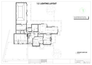 Swimming pool
Shower
change
Porch
Boot
Room
TV Room
Kitchen
Dining
Family Room
open fire
Drawing Room
Spices & prep
area
Garage
Porch
switch18
(spot light)
switch14forpandant2
socket for TV
mounting height determined
from the diagonal TV
socket
output for TV cabel
socket
switch 17
(spot light)
switch13forLEDstrip1
Glazed Screen
switch 4.2
switch for pandant 3.2
switch for LED strip 5
switch for LED line
double socket
WC
pass switcher 20 for star lights
S1 output
S1 output
S1 output
S1 output
S1 output
S1 output
S1 output
S1 output
lighting line 1
lighting line 3
lighting line 3
lighting line3
lighting line 3
P2 output
switch22forexteriorlightST1+fasades
doublesocket
waterproof
switch23forexteriorlightST2
switch24forexteriorlightST3+ST4
output in the wall for LED line -
2.1-2.15m from floor level
G1 output G1 output G1 output
T1 output T1 output T1 output T1 output
ST2 output
ST2 output
ST2 output
ST2 output ST2 output
ST2 output ST2 output ST2 output
ST2 output
ST2 output
ST4 output ST4 output
ST4 output ST4 output
ST4 output
ST4 output
ST4 output ST4 output
ST4 output
ST4 output
ST4 output
ST4 outputST4 outputST4 output
ST4 output
ST4 outputST4 outputST4 outputST4 output
ST3 output
ST3 output
ST3 output
ST3 output
ST3 output ST3 output ST3 output ST3 output
ST3 output
ST3 output
ST3 output
ST3 output
ST3 outputST3 outputST3 outputST3 outputST3 outputST3 outputST3 outputST3 output
ST3
output
ST3
output
ST3
output
ST3
output
ST3
output
ST3
output
ST3
output
ST3
output
ST3
output
ST3
output
ST3
output
ST3
output
lightingline4
lightingline4
lightingline4
switch 19 for spot light
lighting line 2
lighting line 2
S1 output S1 output S1 output S1 output
S1 output
S1 outputS1 outputS1 output
S1
output
S1
output
S1
output
S1
output
P2 output
lighting line7
lightingline5
lightingline6
S1
output
S1
output
S1
output
S1
output
lightingline8
lighting line10
pass switch 9.2 (spot light)
pass switch 10.2 (direction spot)
pass switch 11.2 (pendant lighing)
pass switch 9.1 (spot light)
pass switch 10.1 (direction spot)
pass switch 11.1
(pendant lighing)
double socket
S1 output S1 output
S1 output
S1 outputS1 outputS1 output
S1 output
S1
output
S1
output
S1
output
S1
output
S1
output
P2
output
P2
output
P2
output
D output
D output
D output
D output D output D output
D
output
D output
D output D output D output
D output
D
output
D
output
D
output
D
output
D
output
D output D output
D
output
D
output
D outputD outputD output
D
output
D
output
D output
S1
outputS1
output
S1
output
S1
output
S1
output
S1
output
S1
output
S1
output
S1 outputS1 outputS1 output
S1 outputS1 outputS1 output
S1 output
S1
output
S1
output
S1
output
S1
output
S1 output S1 output S1 output
S1 output S1 output S1 output
S1 output S1 output S1 output S1 output
S1 outputS1 outputS1 outputS1 outputS1 outputS1 outputS1 output
S1 output
P1 output
P2 output P2 output P2 output
S1 output S1 output S1 output
S1 outputS1 output
S1 output S1 output S1 output
S1 outputS1 outputS1 output
D outputD output
D output
D output
D output
D output
D output D output D output
D
output
D
output
D
output
pass switch 6.2 (direction spot)
pass switch 6.1(direction spot)
pass switch 7.2 (large pendant lighting)
pass switch 7.1(large pendant )
pass switch 8.1 (spot light)
pass switch 8.1 (spot light)
outputinthewallforLEDline-
1.45-1.5mfromfloorlevel
output in the wall for LED line -
2.45-2.5m from floor level
switch 4.1/
switch for pandant 3.1
to the first floor
lighting line5,6,7
switch 15 (spot light)
switch 12 (spot light)
switch 10.1 (spot light)
switch 11.1 (direction spot)
switch 12.1 (pendant light)
switch 10.2 (spot light)
switch 11.2 (direction spot)
switch 12.2 (pendant light)
switch 16 (spot light)
switch 21
(strip light)
ST5 output
ST5 output
ST5 output
ST5 output
lightingline9
lighting line 9
lighting line6
lighting line12
lightingline13
lightingline14
lightingline12
lighting line 15
lighting line 15
lighting line 15
lightingline15 lighting line 16
lighting line 15
lighting line 17
lighting line 16
lighting line 18
lighting line 19
lighting line 17,18, 19
lighting line 16, 17
lighting line 12
lighting line 13, 14, 15
lighting lines 8
lighting line37
lighting line37
lighting line38
lighting line38
lighting line 39, 40
lightingline40
lightingline40
lightingline39
lighting line38
lighting line39
pass switcher 20.1 for wall lights
W output
W output
W output
W output
W output W output
PROJECT
CLIENT
TITLE
DATEDESIGNED
REV
SIZESCALE
PROJECT No
CHECKED
DRG No
Rev. Description Drn. Check.Date
This calculation is based upon specified
parameters supplied by the client, and other
assumed design inputs, as detailed in this
document. In practice, there may be variations
due to differences in as-installed luminaire
positioning, room surface reflectance, supply
voltage, photometric tolerances, etc, & normally
accepted uncertainties. We reserve the right to
modify the scheme if relevant information
subsequently becomes available.
PRIVATE HOUSE RECONSTRUCTION PROJECT
ELECTRICAL AND LIGHTING
LIGHTING LAYOUT JB001 1.5 1
VC VC 26.07.2016 1:50 A0
GROUND FLOOR PLAN
SCALE 1:50
TO CONFIRM ON SITE WITH
OWNER FOR FINAL SIGN OFF
1.5 LIGHTING LAYOUT
 