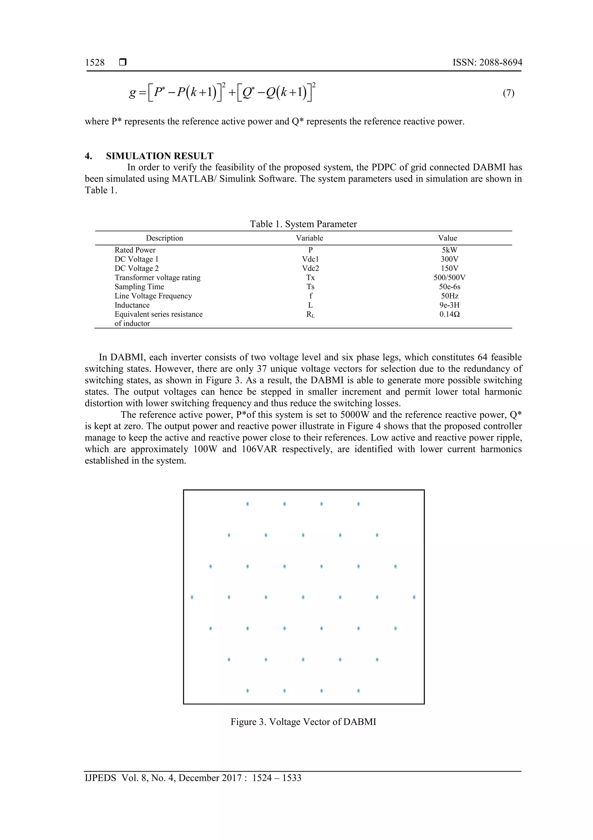  ISSN: 2088-8694
IJPEDS Vol. 8, No. 4, December 2017 : 1524 – 1533
1528
(7)
where P* represents the reference active power and Q* represents the reference reactive power.
4. SIMULATION RESULT
In order to verify the feasibility of the proposed system, the PDPC of grid connected DABMI has
been simulated using MATLAB/ Simulink Software. The system parameters used in simulation are shown in
Table 1.
In DABMI, each inverter consists of two voltage level and six phase legs, which constitutes 64 feasible
switching states. However, there are only 37 unique voltage vectors for selection due to the redundancy of
switching states, as shown in Figure 3. As a result, the DABMI is able to generate more possible switching
states. The output voltages can hence be stepped in smaller increment and permit lower total harmonic
distortion with lower switching frequency and thus reduce the switching losses.
The reference active power, P*of this system is set to 5000W and the reference reactive power, Q*
is kept at zero. The output power and reactive power illustrate in Figure 4 shows that the proposed controller
manage to keep the active and reactive power close to their references. Low active and reactive power ripple,
which are approximately 100W and 106VAR respectively, are identified with lower current harmonics
established in the system.
Figure 3. Voltage Vector of DABMI
   
2 2
1 1
g P P k Q Q k
 
   
     
   
Table 1. System Parameter
Description Variable Value
Rated Power
DC Voltage 1
DC Voltage 2
Transformer voltage rating
Sampling Time
Line Voltage Frequency
Inductance
Equivalent series resistance
of inductor
P
Vdc1
Vdc2
Tx
Ts
f
L
RL
5kW
300V
150V
500/500V
50e-6s
50Hz
9e-3H
0.14Ω
 