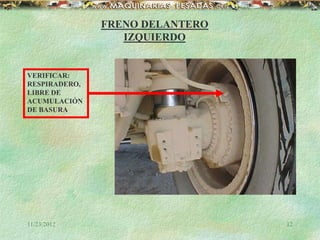 11/23/2012 12
FRENO DELANTERO
IZQUIERDO
VERIFICAR:
RESPIRADERO,
LIBRE DE
ACUMULACIÓN
DE BASURA
 