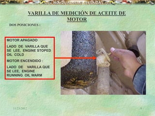 11/23/2012 9
VARILLA DE MEDICIÓN DE ACEITE DE
MOTOR
DOS POSICIONES :
MOTOR APAGADO
LADO DE VARILLA QUE
SE LEE, ENGINE STOPED
OIL COLD
MOTOR ENCENDIDO :
LADO DE VARILLA QUE
SE LEE, ENGINE
RUNNING OIL WARM
 