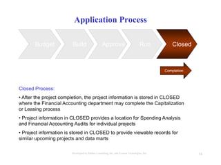 14Developed by Mahre Consulting, Inc. and Everest Tecnologies, Inc.
Application Process
Budget Build RunApprove
Completion
Closed Process:
• After the project completion, the project information is stored in CLOSED
where the Financial Accounting department may complete the Capitalization
or Leasing process
• Project information in CLOSED provides a location for Spending Analysis
and Financial Accounting Audits for individual projects
• Project information is stored in CLOSED to provide viewable records for
similar upcoming projects and data marts
Closed
 