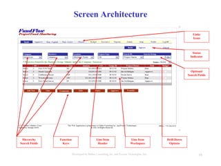 16Developed by Mahre Consulting, Inc. and Everest Tecnologies, Inc.
Screen Architecture
Hierarchy
Search Fields
Optional
Search Fields
Line Item
Header
Function
Keys
Links
Icons
Drill-Down
Options
Status
Indicator
Line Item
Workspace
 