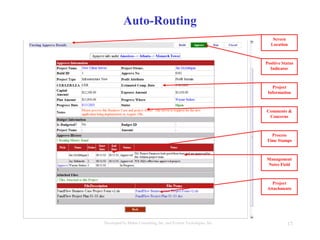 17Developed by Mahre Consulting, Inc. and Everest Tecnologies, Inc.
Auto-Routing
Positive Status
Indicator
Management
Notes Field
Project
Attachments
Project
Information
Comments &
Concerns
Screen
Location
Process
Time Stamps
 