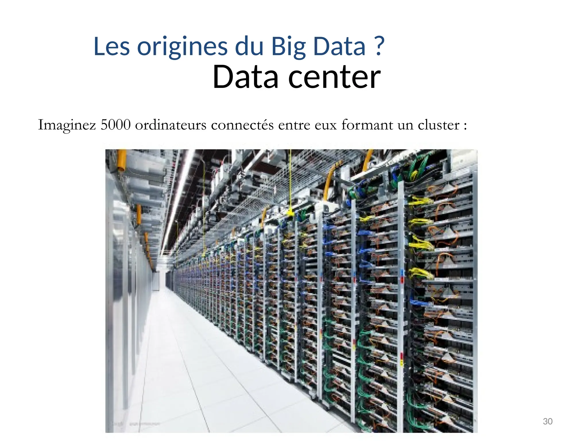 30
Data center
Imaginez 5000 ordinateurs connectés entre eux formant un cluster :
Les origines du Big Data ?
 