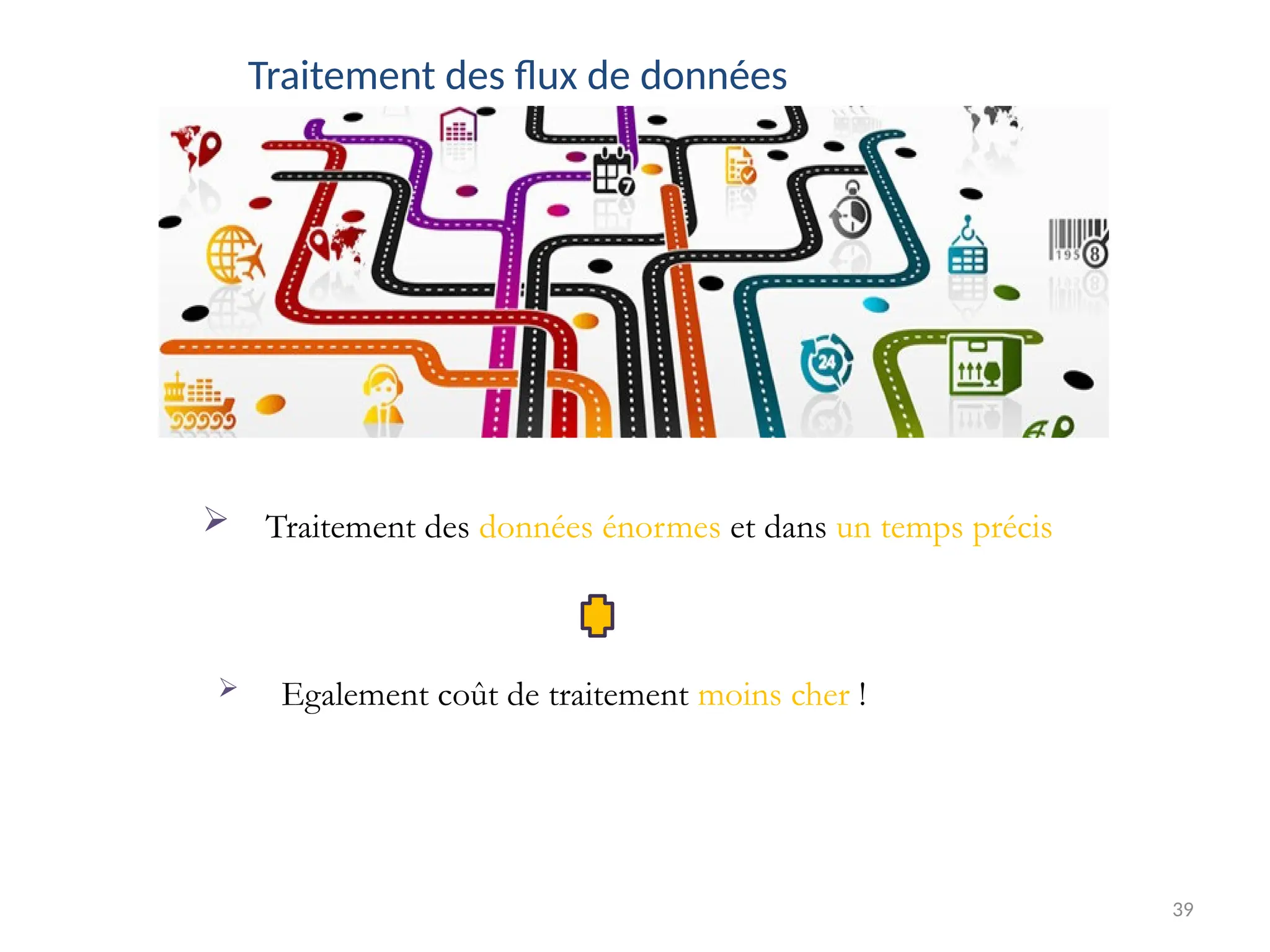 39
Traitement des flux de données
 Traitement des données énormes et dans un temps précis
 Egalement coût de traitement moins cher !
 