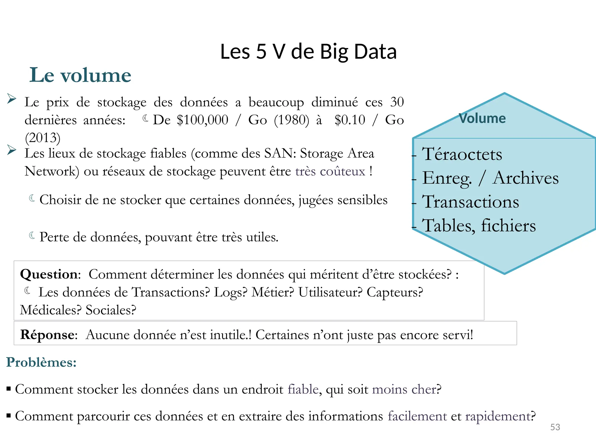 53
Les 5 V de Big Data
Question: Comment déterminer les données qui méritent d’être stockées? :
 Les données de Transactions? Logs? Métier? Utilisateur? Capteurs?
Médicales? Sociales?
Volume
- Téraoctets
- Enreg. / Archives
- Transactions
- Tables, fichiers
Le volume
 Le prix de stockage des données a beaucoup diminué ces 30
dernières années: De $100,000 / Go (1980) à $0.10 / Go
(2013)
 Les lieux de stockage fiables (comme des SAN: Storage Area
Network) ou réseaux de stockage peuvent être très coûteux !
Choisir de ne stocker que certaines données, jugées sensibles
Perte de données, pouvant être très utiles.
Problèmes:
▪ Comment stocker les données dans un endroit fiable, qui soit moins cher?
▪ Comment parcourir ces données et en extraire des informations facilement et rapidement?
Réponse: Aucune donnée n’est inutile.! Certaines n’ont juste pas encore servi!
 