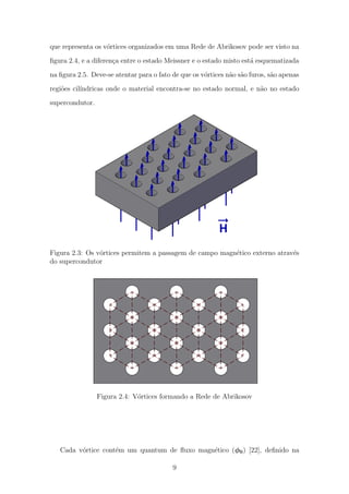 que representa os v´ortices organizados em uma Rede de Abrikosov pode ser visto na
ﬁgura 2.4, e a diferen¸ca entre o estado Meissner e o estado misto est´a esquematizada
na ﬁgura 2.5. Deve-se atentar para o fato de que os v´ortices n˜ao s˜ao furos, s˜ao apenas
regi˜oes cil´ındricas onde o material encontra-se no estado normal, e n˜ao no estado
supercondutor.
Figura 2.3: Os v´ortices permitem a passagem de campo magn´etico externo atrav´es
do supercondutor
Figura 2.4: V´ortices formando a Rede de Abrikosov
Cada v´ortice cont´em um quantum de ﬂuxo magn´etico (φ0) [22], deﬁnido na
9
 