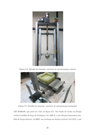 Figura 3.6: Detalhe da bancada: estrutura de movimenta¸c˜ao vertical
Figura 3.7: Detalhe da bancada: estrutura de movimenta¸c˜ao horizontal
ATI SI-660-60, que pode ser vista na ﬁgura 3.9. Seu fundo de escala na dire¸c˜ao
vertical (medida de for¸ca de levita¸c˜ao) ´e de 1980 N, e nas dire¸c˜oes horizontais (me-
dida de for¸cas laterais), de 660N; sua resolu¸c˜ao na dire¸c˜ao vertical ´e de 0.25N, e nas
20
 