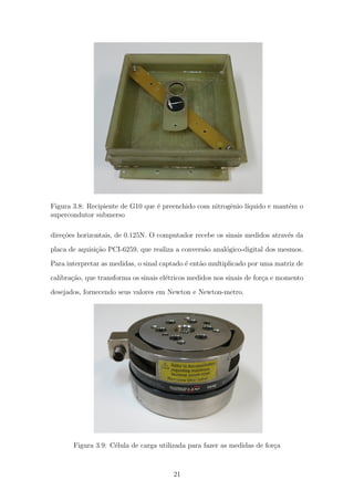 Figura 3.8: Recipiente de G10 que ´e preenchido com nitrogˆenio l´ıquido e mant´em o
supercondutor submerso
dire¸c˜oes horizontais, de 0.125N. O computador recebe os sinais medidos atrav´es da
placa de aquisi¸c˜ao PCI-6259, que realiza a convers˜ao anal´ogico-digital dos mesmos.
Para interpretar as medidas, o sinal captado ´e ent˜ao multiplicado por uma matriz de
calibra¸c˜ao, que transforma os sinais el´etricos medidos nos sinais de for¸ca e momento
desejados, fornecendo seus valores em Newton e Newton-metro.
Figura 3.9: C´elula de carga utilizada para fazer as medidas de for¸ca
21
 