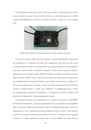 O computador possui uma porta serial que permite a comunica¸c˜ao do mesmo
com os motores de passo. Como s˜ao dois motores, o cabo serial passa por um Hub
modelo 444-1000-267 que permite o controle de ambos, e pode ser visto na ﬁgura
3.10.
Figura 3.10: HUB de comunica¸c˜ao com os dois motores de passo
Cada motor possui ainda um driver pr´oprio (modelo ST10-PLUS), respons´avel
por interpretar os comandos enviados pelo computador por meio do cabo serial
e redirecionados pelo hub, e transform´a-los nos impulsos el´etricos correspondentes
para que o motor realize o movimento desejado. Cada um dos motores de passo ´e
alimentado por uma fonte modelo PSK3 da Kalatec; as fontes convertem tens˜ao de
220V CA para 70-80V CC por meio de um retiﬁcador convencional composto por
um transformador, uma ponte de diodos e um conjunto de capacitores. A ﬁgura 3.11
mostra, da esquerda para a direita, o driver do motor respons´avel pelo movimento
vertical, o pr´oprio motor e a fonte que o alimenta. A conﬁgura¸c˜ao para o motor
de movimenta¸c˜ao horizontal ´e semelhante. O esquema mostrado na ﬁgura 3.12
representa as liga¸c˜oes de todos equipamentos citados.
O programa utilizado para implementar as rotinas dos ensaios ´e o LabVIEW,
da National Instruments. A rotina programada envia os comandos correspondentes
para os motores realizarem movimento vertical e horizontal das partes m´oveis do
equipamento, e faz a aquisi¸c˜ao dos valores medidos de for¸ca e torque. Nesse projeto,
o interesse ´e na for¸ca de levita¸c˜ao, chamada de For¸ca Z, e na for¸ca lateral, chamada
de For¸ca Y; a for¸ca captada no terceiro eixo e as trˆes medidas de torque n˜ao s˜ao
22
 