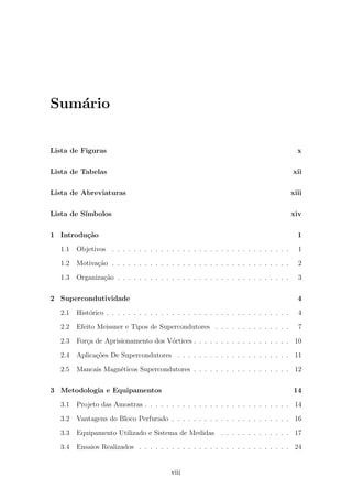 Sum´ario
Lista de Figuras x
Lista de Tabelas xii
Lista de Abreviaturas xiii
Lista de S´ımbolos xiv
1 Introdu¸c˜ao 1
1.1 Objetivos . . . . . . . . . . . . . . . . . . . . . . . . . . . . . . . . . 1
1.2 Motiva¸c˜ao . . . . . . . . . . . . . . . . . . . . . . . . . . . . . . . . . 2
1.3 Organiza¸c˜ao . . . . . . . . . . . . . . . . . . . . . . . . . . . . . . . . 3
2 Supercondutividade 4
2.1 Hist´orico . . . . . . . . . . . . . . . . . . . . . . . . . . . . . . . . . . 4
2.2 Efeito Meissner e Tipos de Supercondutores . . . . . . . . . . . . . . 7
2.3 For¸ca de Aprisionamento dos V´ortices . . . . . . . . . . . . . . . . . . 10
2.4 Aplica¸c˜oes De Supercondutores . . . . . . . . . . . . . . . . . . . . . 11
2.5 Mancais Magn´eticos Supercondutores . . . . . . . . . . . . . . . . . . 12
3 Metodologia e Equipamentos 14
3.1 Projeto das Amostras . . . . . . . . . . . . . . . . . . . . . . . . . . . 14
3.2 Vantagens do Bloco Perfurado . . . . . . . . . . . . . . . . . . . . . . 16
3.3 Equipamento Utilizado e Sistema de Medidas . . . . . . . . . . . . . 17
3.4 Ensaios Realizados . . . . . . . . . . . . . . . . . . . . . . . . . . . . 24
viii
 