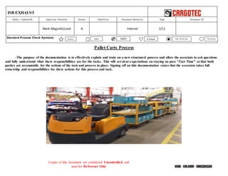 ISB EXHAUST
Author / Updated By Approved / Owned by Version Valid From Document Sensitivity Page Document ID
Mark Magrath/Lead A Internal 1/11
Standard Process Check Symbols:
Copies of this document are considered Uncontrolled and
used for Reference Only
Quality SWIP Critical Opt. Work Seq. Work SeqSafety
Pallet Carts Process
-The purpose of the documentation is to effectively explain and train on a new structured process and allow the associate to ask questions
and fully understand what there responsibilities are for the tasks. This will set clear expectations on staying on pace “Tact Time” so that both
parties are accountable for the actions of the task and process in place. Signing off on this documentation states that the associate takes full
ownership and responsibilities for there actions for this process and task.
 