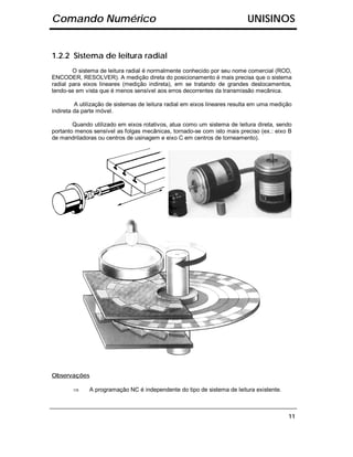 Comando Numérico                                                           UNISINOS


1.2.2 Sistema de leitura radial
        O sistema de leitura radial é normalmente conhecido por seu nome comercial (ROD,
ENCODER, RESOLVER). A medição direta do posicionamento é mais precisa que o sistema
radial para eixos lineares (medição indireta), em se tratando de grandes deslocamentos,
tendo-se em vista que é menos sensível aos erros decorrentes da transmissão mecânica.

         A utilização de sistemas de leitura radial em eixos lineares resulta em uma medição
indireta da parte móvel.

        Quando utilizado em eixos rotativos, atua como um sistema de leitura direta, sendo
portanto menos sensível as folgas mecânicas, tornado-se com isto mais preciso (ex.: eixo B
de mandriladoras ou centros de usinagem e eixo C em centros de torneamento).




Observações

        ⇒     A programação NC é independente do tipo de sistema de leitura existente.



                                                                                          11
 