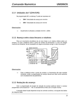 Comando Numérico                                                        UNISINOS


3.3.1 Unidades de F (G94/G95)
       Na programação NC o endereço F pode ser expresso em:

            ⇒     G94 / Velocidade de avanço em mm/min

            ⇒     G95 / Velocidade de avanço em mm/rot


Observações

       ⇒     Usualmente é utilizada a unidade mm/min - (G94)




3.3.2 Avanço entre eixos lineares e rotativos
         Para um movimento simultâneo de um eixo linear e um rotativo (hélice sobre um
cilindro), no qual a distância entre o ponto de contato da ferramenta e o eixo de rotação
mantiver-se constante, faz-se necessário em alguns comandos corrigir o valor do avanço F.




Observações

       ⇒     Caso a distância entre o ponto de contato e a ferramenta não seja mantida
             constante, então a programação do avanço deverá ser feita numa subrotina
             com encadeamento de parâmetros.




3.3.3 Redução do avanço
       Com a programação da função de redução de avanço pode-se reduzir o avanço
programado numa escala de 1 - 100. O cancelamento é feito com a função inversa.

      A atuação desta função depende do tipo do controle numérico, e da ajuste dos dados
de máquina neste.

                                                                                       21
 