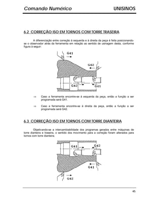 Comando Numérico                                                           UNISINOS



6.2 CORREÇÃO ISO EM TORNOS COM TORRE TRASEIRA

         A diferenciação entre correção à esquerda e à direita da peça é feita posicionando-
se o observador atrás da ferramenta em relação ao sentido de usinagem desta, conforme
figura à seguir:




        ⇒     Caso a ferramenta encontre-se à esquerda da peça, então a função a ser
              programada será G41.

        ⇒     Caso a ferramenta encontre-se à direita da peça, então a função a ser
              programada será G42.



6.3 CORREÇÃO ISO EM TORNOS COM TORRE DIANTEIRA

        Objetivando-se a intercambiabilidade dos programas gerados entre máquinas de
torre dianteira e traseira, o sentido dos movimento para a correção foram alterados para
tornos com torre dianteira.




                                                                                          45
 