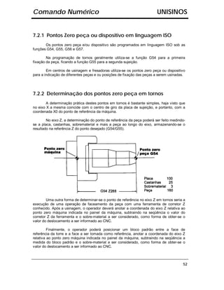 Comando Numérico                                                         UNISINOS


7.2.1 Pontos Zero peça ou dispositivo em linguagem ISO
       Os pontos zero peça e/ou dispositivo são programados em linguagem ISO sob as
funções G54, G55, G56 e G57.

        Na programação de tornos geralmente utiliza-se a função G54 para a primeira
fixação da peça, ficando a função G55 para a segunda sujeição.

        Em centros de usinagem e fresadoras utiliza-se os pontos zero peça ou dispositivo
para a indicação de diferentes peças e ou posições de fixação das peças a serem usinadas.




7.2.2 Determinação dos pontos zero peça em tornos
        A determinação prática destes pontos em tornos é bastante simples, haja visto que
no eixo X a mesma coincide com o centro de giro da placa de sujeição, e portanto, com a
coordenada X0 do ponto de referência da máquina.

        No eixo Z, a determinação do ponto de referência da peça poderá ser feito medindo-
se a placa, castanhas, sobrematerial e mais a peça ao longo do eixo, armazenando-se o
resultado na referência Z do ponto desejado (G54/G55).




        Uma outra forma de determinar-se o ponto de referência no eixo Z em tornos seria a
execução de uma operação de faceamento da peça com uma ferramenta de corretor Z
conhecido. Após a usinagem, o operador deverá anotar a coordenada do eixo Z relativa ao
ponto zero máquina indicada no painel da máquina, subtraindo na seqüência o valor do
corretor Z da ferramenta e o sobre-material a ser considerado, como forma de obter-se o
valor do deslocamento a ser informado ao CNC.

         Finalmente, o operador poderá posicionar um bloco padrão entre a face de
referência da torre e a face a ser tomada como referência, anotar a coordenada do eixo Z
relativa ao ponto zero máquina indicada no painel da máquina, subtraindo na seqüência a
medida do bloco padrão e o sobre-material a ser considerado, como forma de obter-se o
valor do deslocamento a ser informado ao CNC.



                                                                                        52
 