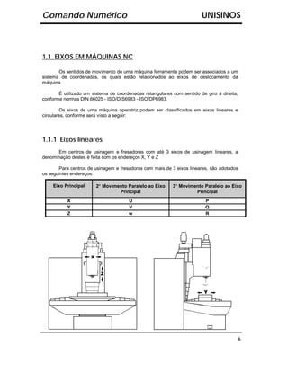 Comando Numérico                                                       UNISINOS



1.1 EIXOS EM MÁQUINAS NC

       Os sentidos de movimento de uma máquina ferramenta podem ser associados a um
sistema de coordenadas, os quais estão relacionados ao eixos de deslocamento da
máquina.

       É utilizado um sistema de coordenadas retangulares com sentido de giro à direita,
conforme normas DIN 66025 - ISO/DIS6983 - ISO/DP6983.

         Os eixos de uma máquina operatriz podem ser classificados em eixos lineares e
circulares, conforme será visto a seguir:




1.1.1 Eixos lineares
      Em centros de usinagem e fresadoras com até 3 eixos de usinagem lineares, a
denominação destes é feita com os endereços X, Y e Z

       Para centros de usinagem e fresadoras com mais de 3 eixos lineares, são adotados
os seguintes endereços:

    Eixo Principal       °
                        2° Movimento Paralelo ao Eixo      °
                                                          3° Movimento Paralelo ao Eixo
                                 Principal                         Principal
           X                          U                                  P
           Y                          V                                  Q
           Z                          w                                  R




                                                                                           6
 
