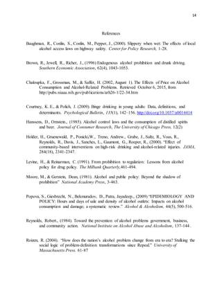 14
References
Baughman, R., Conlin, S., Conlin, M., Pepper, J., (2000). Slippery when wet: The effects of local
alcohol access laws on highway safety. Center for Policy Research, 1-28.
Brown, R., Jewell, R., Richer, J., (1996) Endogenous alcohol prohibition and drunk driving.
Southern Economic Association, 62(4), 1043-1053.
Chaloupka, F., Grossman, M., & Saffer, H. (2002, August 1). The Effects of Price on Alcohol
Consumption and Alcohol-Related Problems. Retrieved October 6, 2015, from
http://pubs.niaaa.nih.gov/publications/arh26-1/22-34.htm
Courtney, K. E., & Polich, J. (2009). Binge drinking in young adults: Data, definitions, and
determinants. Psychological Bulletin, 135(1), 142–156. http://doi.org/10.1037/a0014414
Hanssens, D., Ornstein., (1985). Alcohol control laws and the consumption of distilled spirits
and beer. Journal of Consumer Research, The University of Chicago Press, 12(2)
Holder, H., Gruenewald, P., Ponicki,W., Treno, Andrew., Grube, J., Saltz, R., Voas, R.,
Reynolds, R., Davis, J., Sanches, L., Gaumont, G., Roeper, R., (2000). “Effect of
community-based interventions on high-risk drinking and alcohol-related injuries. JAMA,
284(18), 2341-2347.
Levine, H., & Reinarman, C. (1991). From prohibition to regulation: Lessons from alcohol
policy for drug policy. The Milbank Quarterly,461-494.
Moore, M., & Gerstein, Dean, (1981). Alcohol and public policy: Beyond the shadow of
prohibition” National Academy Press, 3-463.
Popova, S., Giesbrecht, N., Bekmuradov, D., Patra, Jayadeep., (2009) “EPIDEMIOLOGY AND
POLICY: Hours and days of sale and density of alcohol outlets: Impacts on alcohol
consumption and damage; a systematic review.” Alcohol & Alcoholism, 44(5), 500-516.
Reynolds, Robert., (1984). Toward the prevention of alcohol problems government, business,
and community action. National Institute on Alcohol Abuse and Alcoholism, 137-144 .
Roizen, R. (2004). “How does the nation’s alcohol problem change from era to era? Stalking the
social logic of problem-definition transformations since Repeal.” University of
Massachusetts Press. 61-87
 