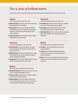 The 15 tests of brilliant teams
According to the results of our Team Accelerator Questionnaire (TAQ), teams that operate at peak performance are strong in five distinct areas:
Mandate
A team has a clear mandate if it meets three criteria:
Unique commission: The team has a deep and shared understand-
ing of the expectations of its stakeholders.
Shared purpose: Team members are mutually accountable for,
and collectively committed to, a shared purpose. Focusing on work
only the team can do, the team members leverage their unique
position as integrators.
Coherent direction: Both the vision and the strategy are aligned,
tightly integrated, and clearly articulated.
Governance
A team has strong governance if it meets three criteria:
Tight composition: The team contains the right “fact holders”
with the right skills and mix of perspectives, while avoiding the
burden of excessive size.
Aligned incentives: The team is incentivized to deliver its strategy,
achieve targeted outcomes, and role-model behaviors, balancing
collective and individual accountability.
Agile processes: The team interacts flexibly with effective cadence
and with clear individual and collective decision rights.
Behavior
Team behavior supports acceleration if it meets three criteria:
Distributed leadership: The team leader operates as a “first among
equals,” leveraging the full capabilities of the team.
Productive conflict: Empathy trumps ego, and the team is able to
rupture and repair, support and challenge.
Explicit standards: Team members support each other when it
counts, and the foundations of respect, disclosure, and directness
are in place. They role-model this behavior for the organization.
Connections
A team creates strong connections if it meets three criteria:
Compelling story: The team translates its strategy into a compelling
story and uses it to powerfully engage target audiences.
Focused grip: The team follows through and drives for impact,
commissioning work that results in competitive advantage.
Stakeholder influence: The team actively considers, then consciously
shapes, the wider context in which it operates by managing key
relationships.
Renewal
A team capable of continuous renewal meets three criteria:
Foresight: The team has sufficient focus on the future and
avoids shortsightedness.
Learning: The team takes time to reflect and learn, drawing
on external and varied perspectives and translating them into
productive improvement.
Energy: The team works in a way that creates rather than saps energy.
It channels the energy of the organization in pursuit of accelerated
performance.
22 The transformation mandate: Leadership imperatives for a hyperconnected world
 