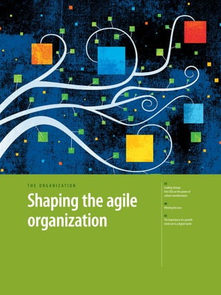 Shaping the agile
organization
t h e o r g a n i z a t i o n
33
Leading change:
Five CEOs on the power of
culture transformation
40
Winning the race
43
The importance of a growth
mind-set in a digital world
 
