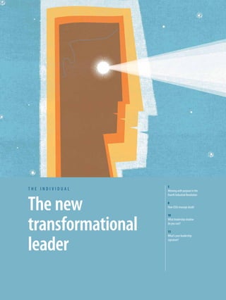 The new
transformational
leader
t h e i n d i v i d u a l
5
Winning with purpose in the
Fourth Industrial Revolution
8
How CEOs manage doubt
10
What leadership shadow
do you cast?
13
What’s your leadership
signature?
 