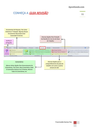 Apostilando.com

CONHEÇA A GUIA REVISÃO

Ferramentas De Pesquisa, Tais Como:
Sinônimos E Tradução. Algumas Dessas
Ferramentas Necessitam Estar
Conectada À Internet.

Verifica A
Ortografia

Comentários
Oferece Várias Opções Para Gerenciamento De
Comentários, Tais Como: Novo Comentário, Exibir
O Comentário Anterior Ou O Próximo, Mostrar
Todos Os Comentários, etc.

11

Diversas Opções Para Proteção
Da Planilha Em Uso Ou Da Pasta
De Trabalho.

Diversas Opções para o
compartilhamento da pasta de
trabalho com outros usuários
através de rede.

Francinaldo Gomes Paz

 