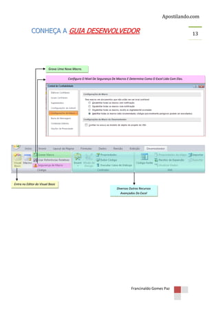 Apostilando.com

CONHEÇA A GUIA DESENVOLVEDOR

Grava Uma Nova Macro.
Configura O Nível De Segurança De Macros E Determina Como O Excel Lida Com Elas.

Entra no Editor do Visual Basic
Diversos Outros Recursos
Avançados Do Excel

Francinaldo Gomes Paz

13

 