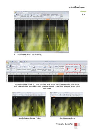Apostilando.com
43

5. Pronto! Ficou bonito, não é mesmo?

Você ainda pode ocultar as Linhas de Grade e os Títulos para que sua planilha fique ainda
mais bela. Desabilite as opções Exibir Linhas de Grade e Títulos como mostrado acima. Basta
clicar nelas.

Sem Linhas de Grade e Títulos.

Sem Linhas de Grade.

Francinaldo Gomes Paz

 