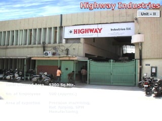 Unit – IIUnit – II
Total Covered Area 5300 Sq.Mtr.
No. of Employees 500 (approx.)
Area of expertise Precision machining,
Hot forging, SPM
Manufacturing
 