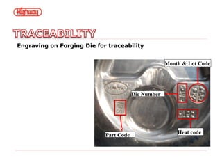 Engraving on Forging Die for traceability
Heat code
Die Number
Month & Lot Code
Part Code
 