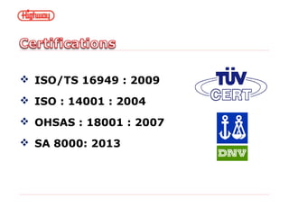  ISO/TS 16949 : 2009
 ISO : 14001 : 2004
 OHSAS : 18001 : 2007
 SA 8000: 2013
 
