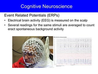Cognitive Neuroscience
Event Related Potentials (ERPs)
• Electrical brain activity (EEG) is measured on the scalp
• Several readings for the same stimuli are averaged to count
eract spontaneous background activity
 