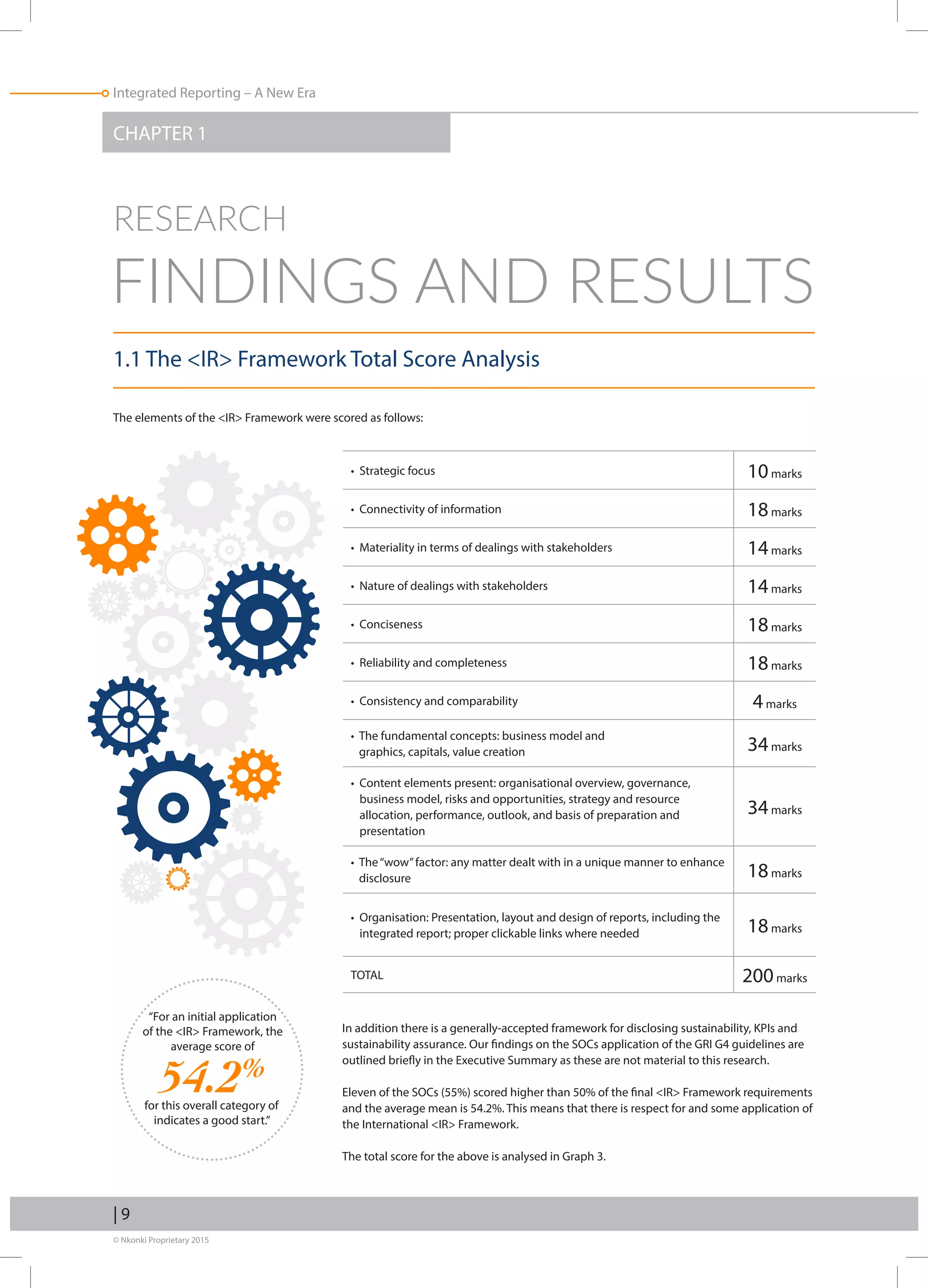© Nkonki Proprietary 2015
| 9
Integrated Reporting – A New Era
54.2%
for this overall category of
indicates a good start.”
“For an initial application
of the IR Framework, the
average score of
CHAPTER 1
1.1 The IR Framework Total Score Analysis
In addition there is a generally-accepted framework for disclosing sustainability, KPIs and
sustainability assurance. Our findings on the SOCs application of the GRI G4 guidelines are
outlined briefly in the Executive Summary as these are not material to this research.
Eleven of the SOCs (55%) scored higher than 50% of the final IR Framework requirements
and the average mean is 54.2%. This means that there is respect for and some application of
the International IR Framework.
The total score for the above is analysed in Graph 3.
RESEARCH
FINDINGS AND RESULTS
The elements of the IR Framework were scored as follows:
• Strategic focus 10marks
• Connectivity of information 18marks
• Materiality in terms of dealings with stakeholders 14marks
• Nature of dealings with stakeholders 14marks
• Conciseness 18marks
• Reliability and completeness 18marks
• Consistency and comparability 4marks
• The fundamental concepts: business model and
graphics, capitals, value creation 34marks
• Content elements present: organisational overview, governance,
business model, risks and opportunities, strategy and resource
allocation, performance, outlook, and basis of preparation and
presentation
34marks
• The“wow”factor: any matter dealt with in a unique manner to enhance
disclosure 18marks
• Organisation: Presentation, layout and design of reports, including the
integrated report; proper clickable links where needed 18marks
TOTAL 200marks
 