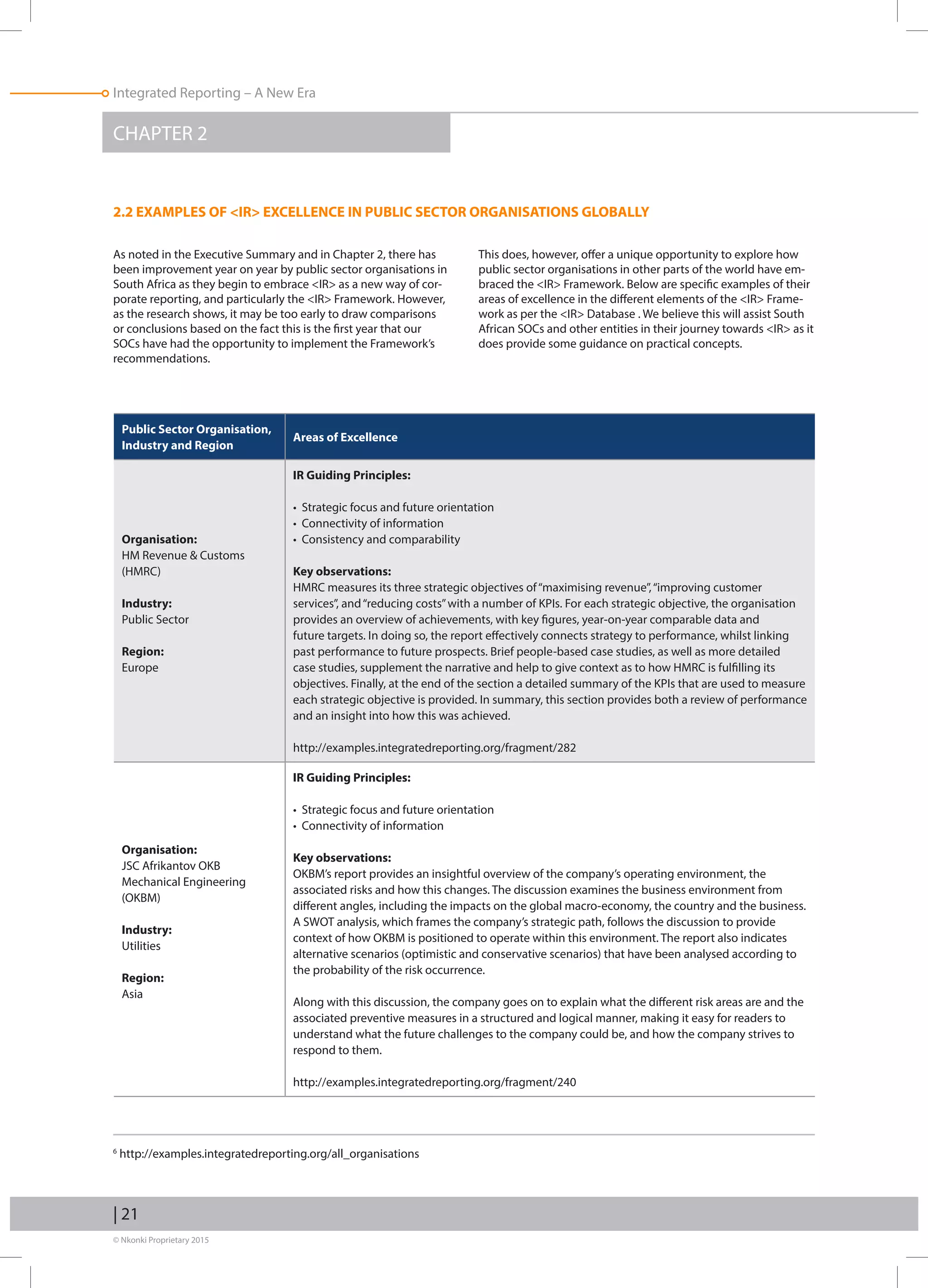 © Nkonki Proprietary 2015
| 21
Integrated Reporting – A New Era
CHAPTER 2
As noted in the Executive Summary and in Chapter 2, there has
been improvement year on year by public sector organisations in
South Africa as they begin to embrace IR as a new way of cor-
porate reporting, and particularly the IR Framework. However,
as the research shows, it may be too early to draw comparisons
or conclusions based on the fact this is the first year that our
SOCs have had the opportunity to implement the Framework’s
recommendations.
This does, however, offer a unique opportunity to explore how
public sector organisations in other parts of the world have em-
braced the IR Framework. Below are specific examples of their
areas of excellence in the different elements of the IR Frame-
work as per the IR Database . We believe this will assist South
African SOCs and other entities in their journey towards IR as it
does provide some guidance on practical concepts.
2.2 EXAMPLES OF IR EXCELLENCE IN PUBLIC SECTOR ORGANISATIONS GLOBALLY
Public Sector Organisation,
Industry and Region
Areas of Excellence
Organisation:
HM Revenue  Customs
(HMRC)
Industry:
Public Sector
Region:
Europe
IR Guiding Principles:
• Strategic focus and future orientation
• Connectivity of information
• Consistency and comparability
Key observations:
HMRC measures its three strategic objectives of“maximising revenue”,“improving customer
services”, and“reducing costs”with a number of KPIs. For each strategic objective, the organisation
provides an overview of achievements, with key figures, year-on-year comparable data and
future targets. In doing so, the report effectively connects strategy to performance, whilst linking
past performance to future prospects. Brief people-based case studies, as well as more detailed
case studies, supplement the narrative and help to give context as to how HMRC is fulfilling its
objectives. Finally, at the end of the section a detailed summary of the KPIs that are used to measure
each strategic objective is provided. In summary, this section provides both a review of performance
and an insight into how this was achieved.
http://examples.integratedreporting.org/fragment/282
Organisation:
JSC Afrikantov OKB
Mechanical Engineering
(OKBM)
Industry:
Utilities
Region:
Asia
IR Guiding Principles:
• Strategic focus and future orientation
• Connectivity of information
Key observations:
OKBM’s report provides an insightful overview of the company’s operating environment, the
associated risks and how this changes. The discussion examines the business environment from
different angles, including the impacts on the global macro-economy, the country and the business.
A SWOT analysis, which frames the company’s strategic path, follows the discussion to provide
context of how OKBM is positioned to operate within this environment. The report also indicates
alternative scenarios (optimistic and conservative scenarios) that have been analysed according to
the probability of the risk occurrence.
Along with this discussion, the company goes on to explain what the different risk areas are and the
associated preventive measures in a structured and logical manner, making it easy for readers to
understand what the future challenges to the company could be, and how the company strives to
respond to them. 
http://examples.integratedreporting.org/fragment/240
6
http://examples.integratedreporting.org/all_organisations
 