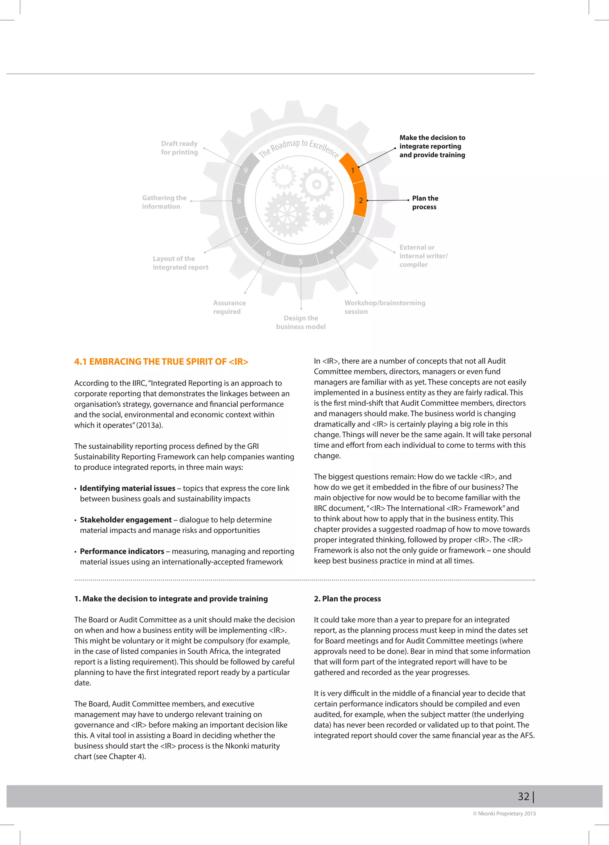 © Nkonki Proprietary 2015
32 |
1. Make the decision to integrate and provide training
The Board or Audit Committee as a unit should make the decision
on when and how a business entity will be implementing IR.
This might be voluntary or it might be compulsory (for example,
in the case of listed companies in South Africa, the integrated
report is a listing requirement). This should be followed by careful
planning to have the first integrated report ready by a particular
date.
The Board, Audit Committee members, and executive
management may have to undergo relevant training on
governance and IR before making an important decision like
this. A vital tool in assisting a Board in deciding whether the
business should start the IR process is the Nkonki maturity
chart (see Chapter 4).
2. Plan the process
It could take more than a year to prepare for an integrated
report, as the planning process must keep in mind the dates set
for Board meetings and for Audit Committee meetings (where
approvals need to be done). Bear in mind that some information
that will form part of the integrated report will have to be
gathered and recorded as the year progresses.
It is very difficult in the middle of a financial year to decide that
certain performance indicators should be compiled and even
audited, for example, when the subject matter (the underlying
data) has never been recorded or validated up to that point. The
integrated report should cover the same financial year as the AFS.
4.1 EMBRACING THE TRUE SPIRIT OF IR
According to the IIRC,“Integrated Reporting is an approach to
corporate reporting that demonstrates the linkages between an
organisation’s strategy, governance and financial performance
and the social, environmental and economic context within
which it operates”(2013a).
The sustainability reporting process defined by the GRI
Sustainability Reporting Framework can help companies wanting
to produce integrated reports, in three main ways:
• Identifying material issues – topics that express the core link
between business goals and sustainability impacts
• Stakeholder engagement – dialogue to help determine
material impacts and manage risks and opportunities
• Performance indicators – measuring, managing and reporting
material issues using an internationally-accepted framework
In IR, there are a number of concepts that not all Audit
Committee members, directors, managers or even fund
managers are familiar with as yet. These concepts are not easily
implemented in a business entity as they are fairly radical. This
is the first mind-shift that Audit Committee members, directors
and managers should make. The business world is changing
dramatically and IR is certainly playing a big role in this
change. Things will never be the same again. It will take personal
time and effort from each individual to come to terms with this
change.
The biggest questions remain: How do we tackle IR, and
how do we get it embedded in the fibre of our business? The
main objective for now would be to become familiar with the
IIRC document,“IR The International IR Framework”and
to think about how to apply that in the business entity. This
chapter provides a suggested roadmap of how to move towards
proper integrated thinking, followed by proper IR. The IR
Framework is also not the only guide or framework – one should
keep best business practice in mind at all times.
TheRoadmap to Excellence
Make the decision to
integrate reporting
and provide training
19
28
37
6
5
4
Plan the
process
External or
internal writer/
compiler
Workshop/brainstorming
session
Design the
business model
Assurance
required
Layout of the
integrated report
Gathering the
information
Draft ready
for printing
 