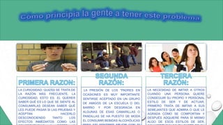 LA CURIOSIDAD: QUIZÁS SE TRATA DE
LA RAZÓN MÁS FRECUENTE, LA
CURIOSIDAD, ESTO ES, EL QUERER
SABER QUÉ ES LO QUE SE SIENTE AL
CONSUMIRLAS DESEAN SABER QUÉ
LES PUEDE PASAR SI LAS PRUEBAS Y
ACEPTAN HACERLO
DESCONOCIENDO TANTO LOS
EFECTOS INMEDIATOS COMO LAS
LA PRESIÓN DE LOS "PADRES EN
OCASIONES ES MUY IMPORTANTE
SENTIRSE ACEPTADO EN UN GRUPO
DE AMIGOS DE LA ESCUELA O DEL
BARRIO Y POR DESGRACIA EN
ALGUNAS DE ESAS CAMARILLAS O
PANDILLAS SE HA PUESTO DE MODA
EL CONSUMIR BEBIDAS ALCOHÓLICAS
LA NECESIDAD DE IMITAR A OTROS
CUANDO UNA PERSONA QUIERE
CONSEGUIR SU PROPIO Y PERSONAL
ESTILO DE SER Y DE ACTUAR,
PRIMERO TRATA DE IMITAR A SUS
SEMEJANTES QUE ADMIRA O QUE LE
AGRADA CÓMO SE COMPORTAN Y
DESPUÉS ADQUIERE PARA SÍ MISMO
ALGO DE ESOS ESTILOS DE SER,
 