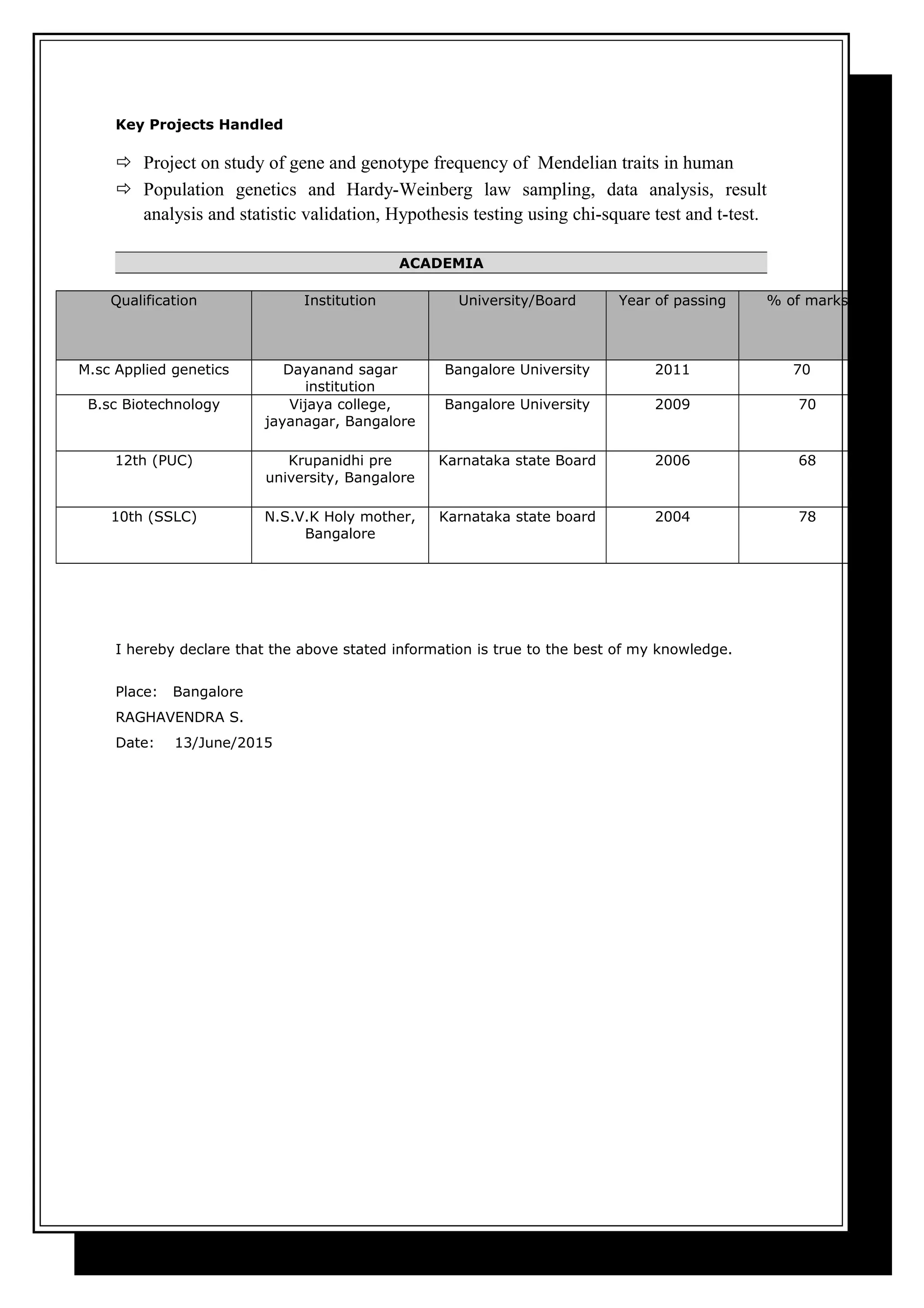 Key Projects Handled
 Project on study of gene and genotype frequency of Mendelian traits in human
 Population genetics and Hardy-Weinberg law sampling, data analysis, result
analysis and statistic validation, Hypothesis testing using chi-square test and t-test.
ACADEMIA
Qualification Institution University/Board Year of passing % of marks
M.sc Applied genetics Dayanand sagar
institution
Bangalore University 2011 70
B.sc Biotechnology Vijaya college,
jayanagar, Bangalore
Bangalore University 2009 70
12th (PUC) Krupanidhi pre
university, Bangalore
Karnataka state Board 2006 68
10th (SSLC) N.S.V.K Holy mother,
Bangalore
Karnataka state board 2004 78
I hereby declare that the above stated information is true to the best of my knowledge.
Place: Bangalore
RAGHAVENDRA S.
Date: 13/June/2015
 