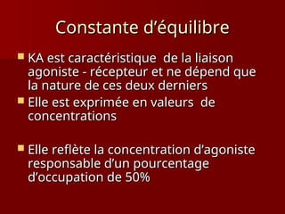 Constante d’équilibre
Constante d’équilibre
 KA est caractéristique de la liaison
KA est caractéristique de la liaison
agoniste - récepteur et ne dépend que
agoniste - récepteur et ne dépend que
la nature de ces deux derniers
la nature de ces deux derniers
 Elle est exprimée en valeurs de
Elle est exprimée en valeurs de
concentrations
concentrations
 Elle reflète la concentration d’agoniste
Elle reflète la concentration d’agoniste
responsable d’un pourcentage
responsable d’un pourcentage
d’occupation de 50%
d’occupation de 50%
 