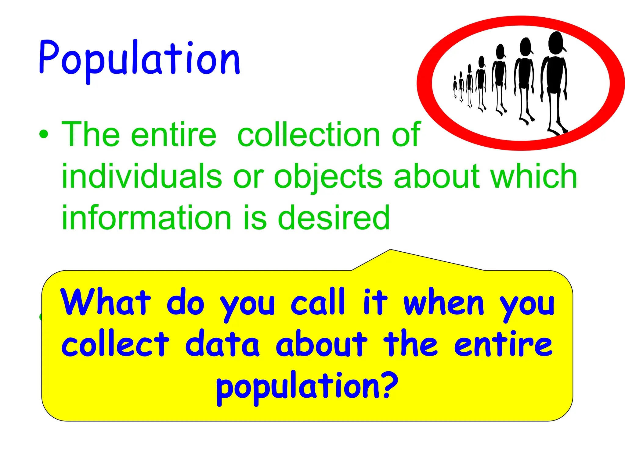 Population
• The entire collection of
individuals or objects about which
information is desired
• A census is performed to gather
about the entire population
What do you call it when you
collect data about the entire
population?
 
