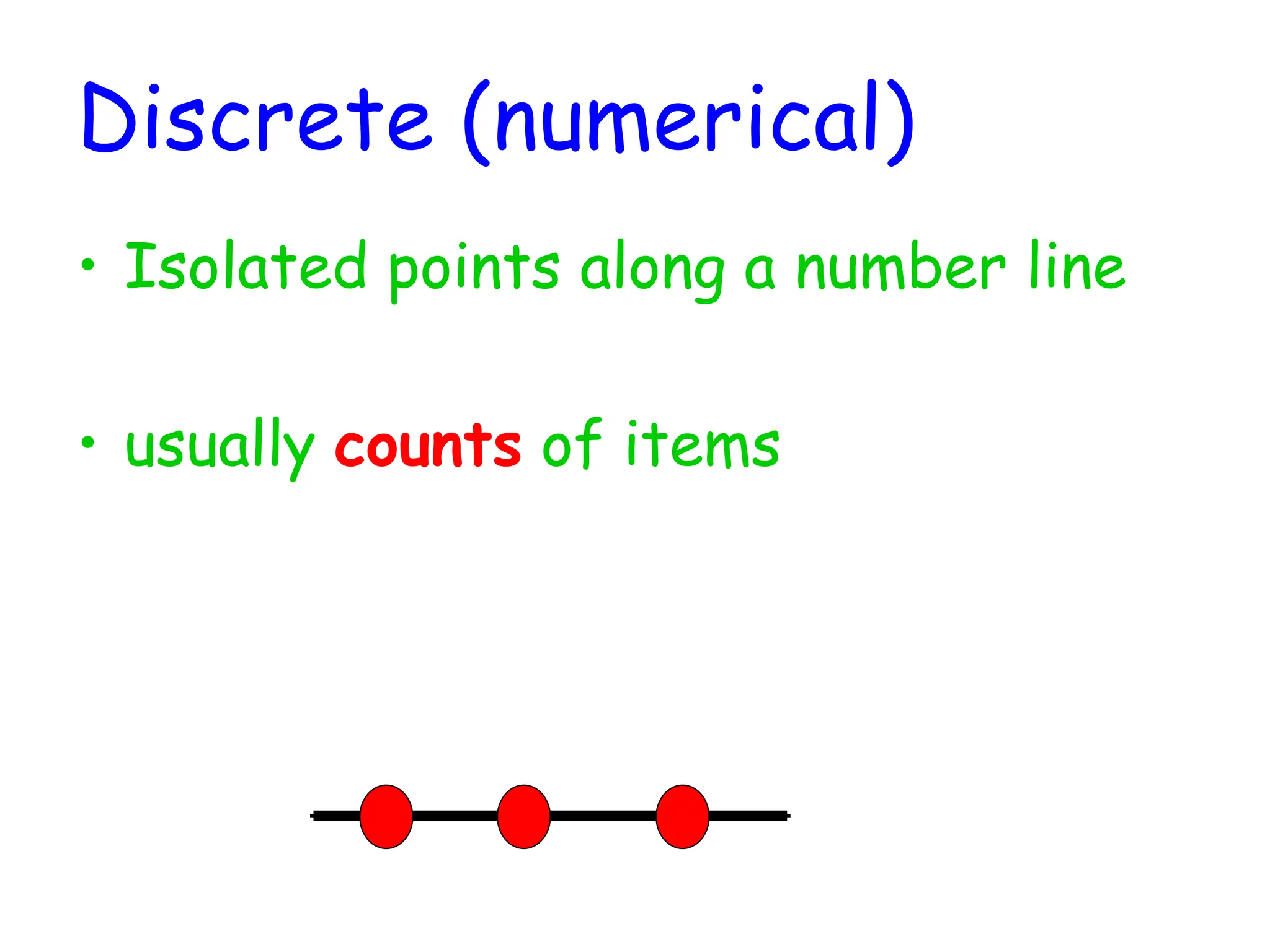 Discrete (numerical)
• Isolated points along a number line
• usually counts of items
 