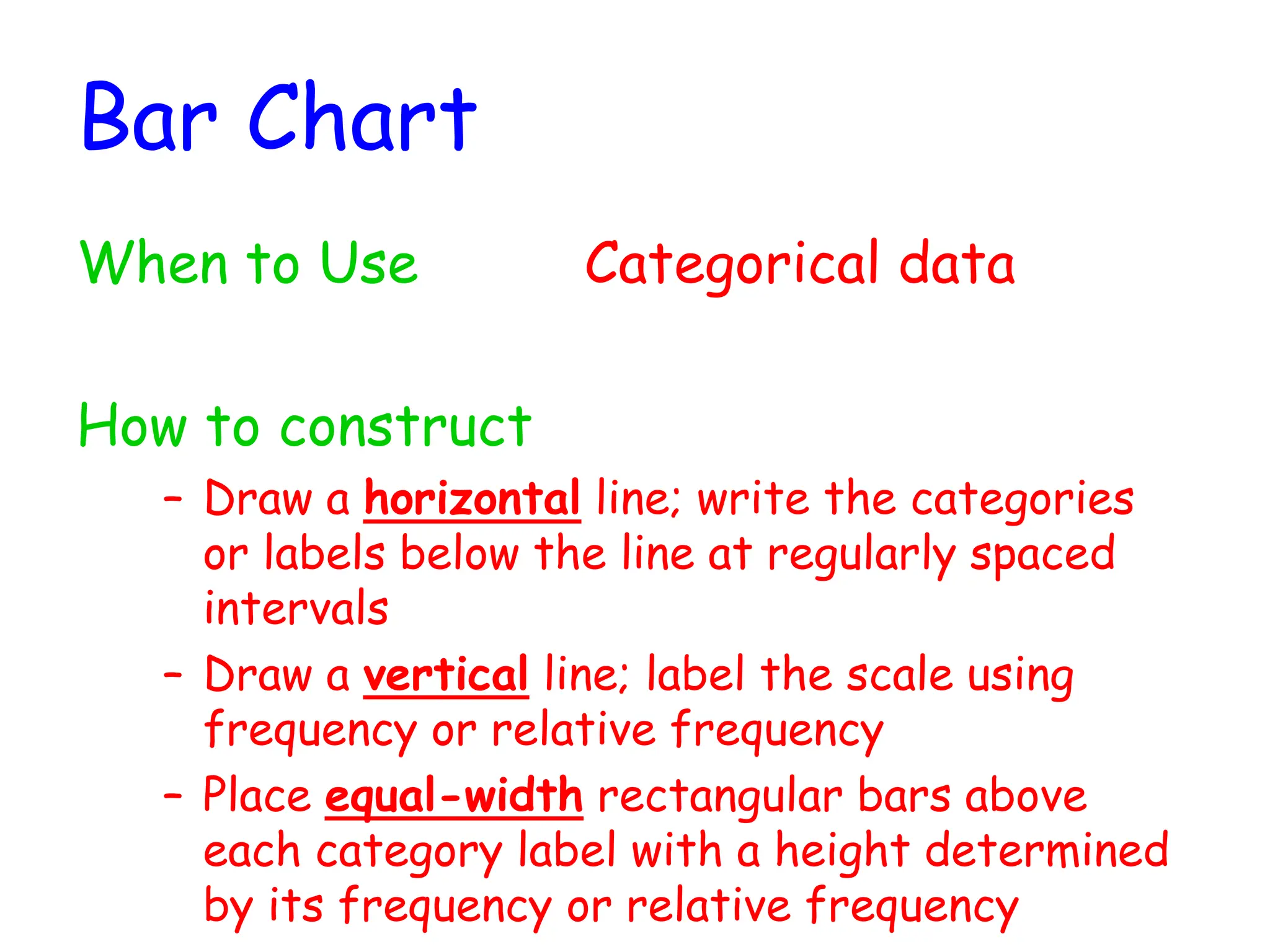Bar Chart
When to Use Categorical data
How to construct
– Draw a horizontal line; write the categories
or labels below the line at regularly spaced
intervals
– Draw a vertical line; label the scale using
frequency or relative frequency
– Place equal-width rectangular bars above
each category label with a height determined
by its frequency or relative frequency
 