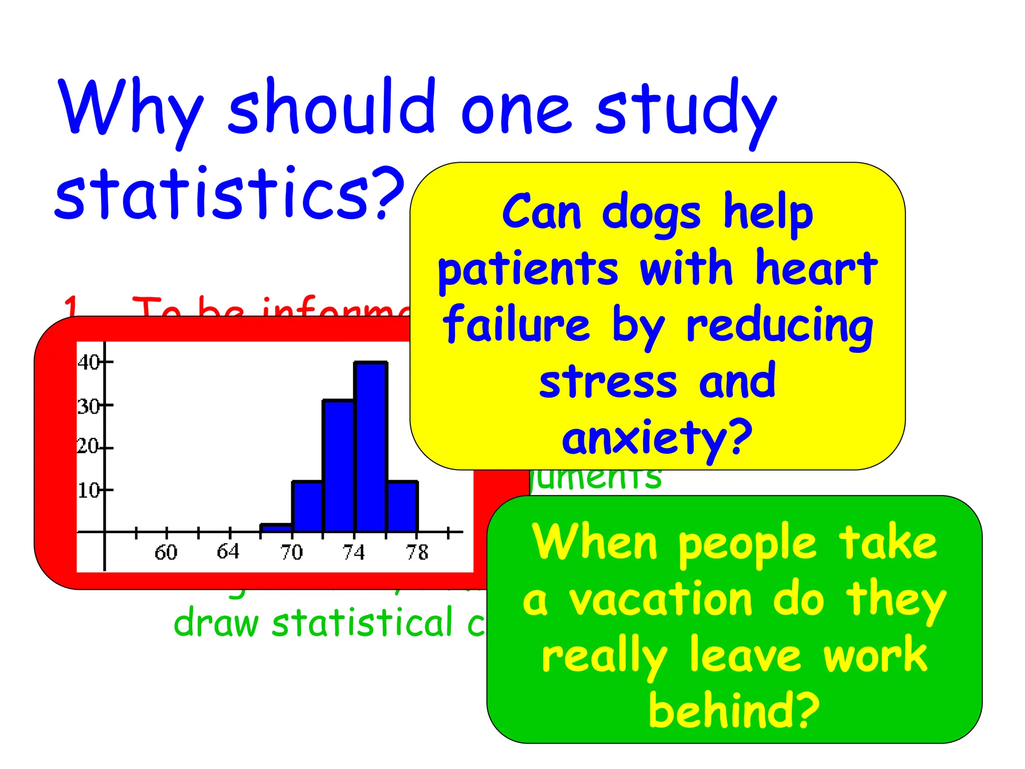 Why should one study
statistics?
1. To be informed . . .
a) Extract information from tables, charts
and graphs
b) Follow numerical arguments
c) Understand the basics of how data should
be gathered, summarized, and analyzed to
draw statistical conclusions
Can dogs help
patients with heart
failure by reducing
stress and
anxiety?
When people take
a vacation do they
really leave work
behind?
 
